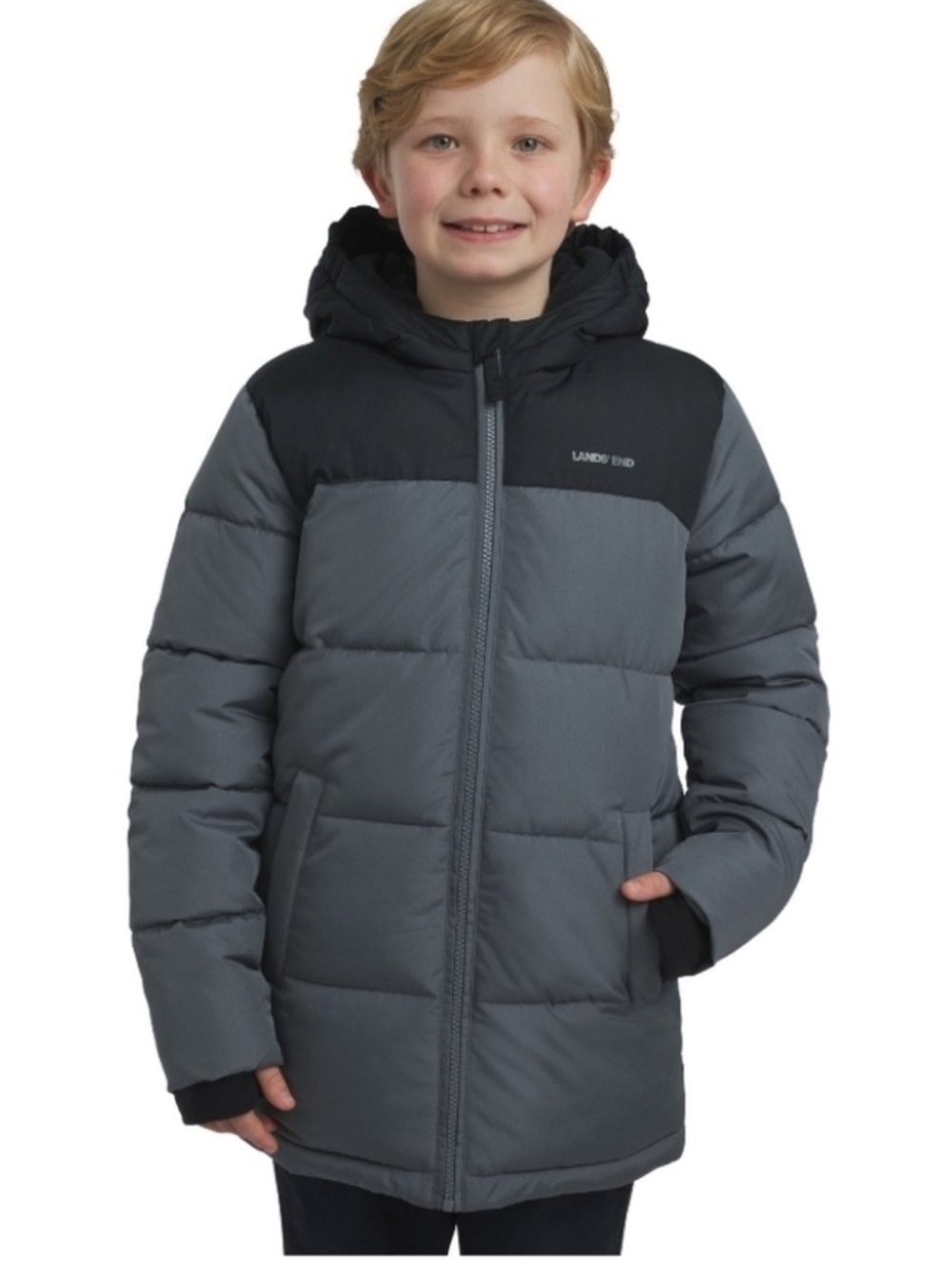 Lands' End Boys' Grey and Black Puffer Jacket with Hood